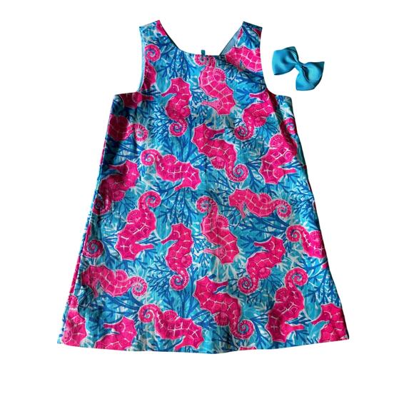 Tommy Bahama Pink and Blue Seahorse Shift Dress NWOT Blue Bow Included 3T - Picture 1 of 7
